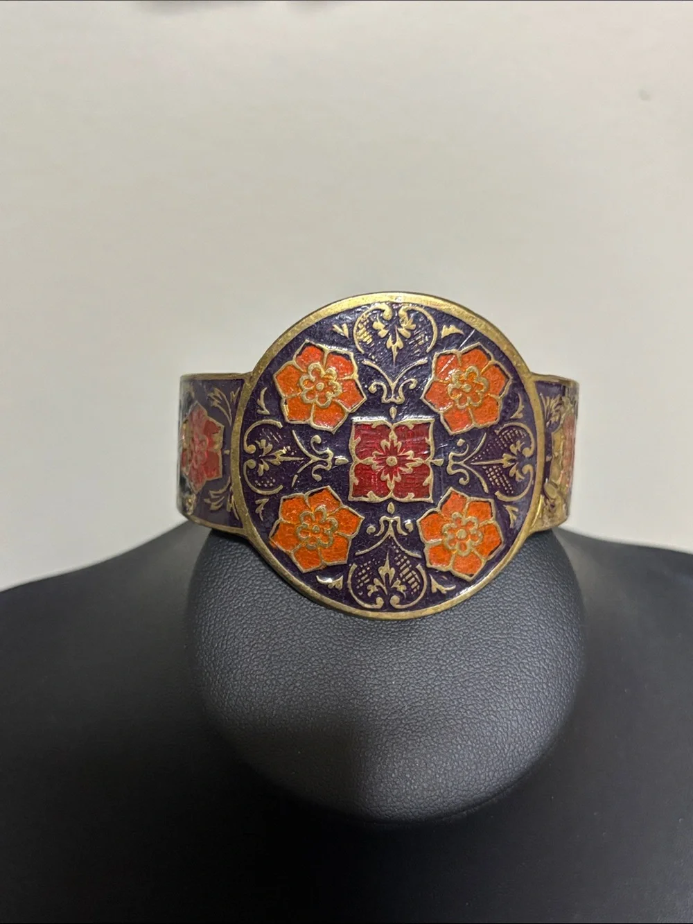 Vintage Chinese Cloisonne Enamel Floral Cuff Brass Bracelet Purple Orange